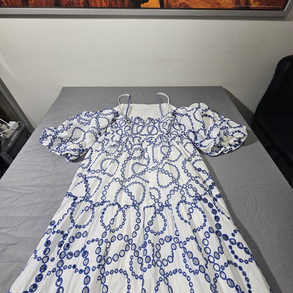 Anthropologie Blue White Eyelet Smocked Puff Sleeve Maxi Dress Sz XS Cotton - Picture 2 of 12